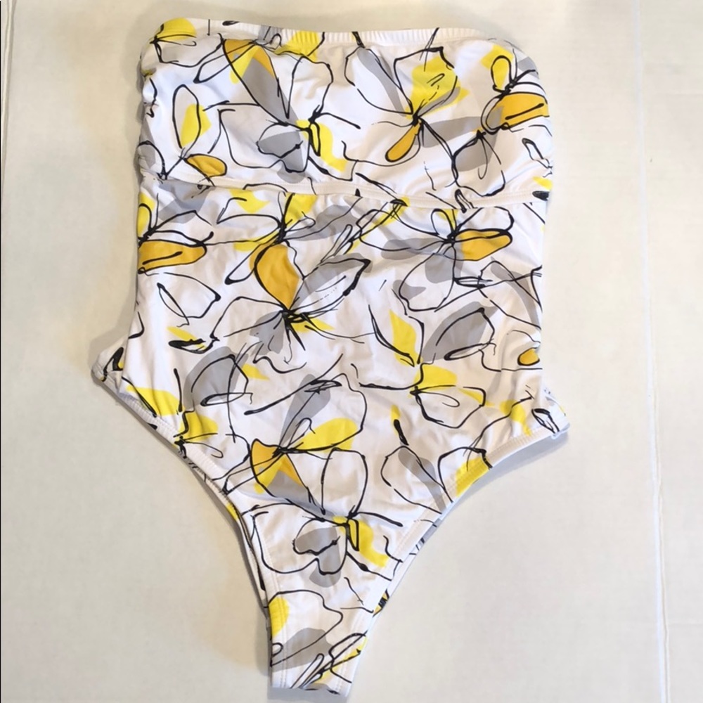 Jantzen 1-piece strapless yellow & gray swimsuit.